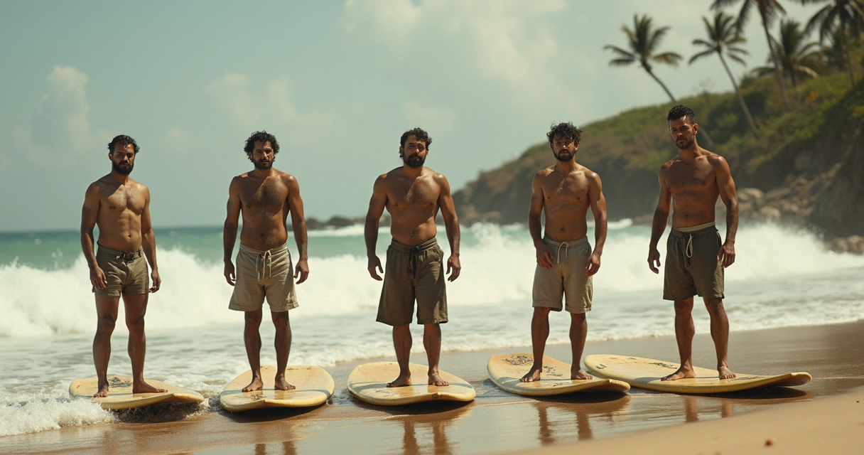 Surfistas havaianos em prancha de madeira, início do século XX, praia com ondas ao fundo. 