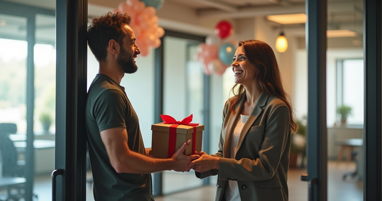 Entregador dando presente de aniversário em empresa para cliente surpreso