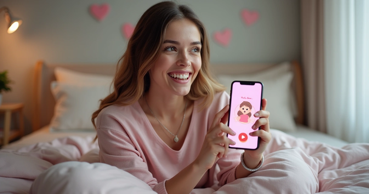 Namorada sorrindo ao receber surpresa durante videochamada 