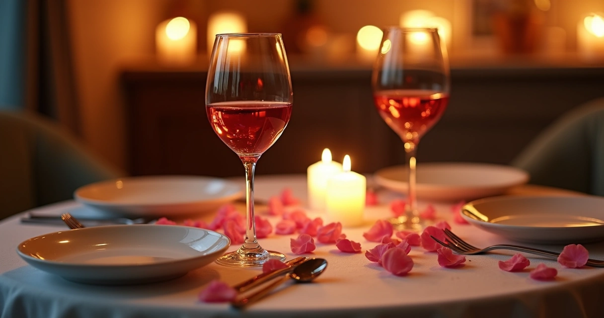 Mesa arrumada com dois copos de vinho e pétalas de rosa para encontro romântico