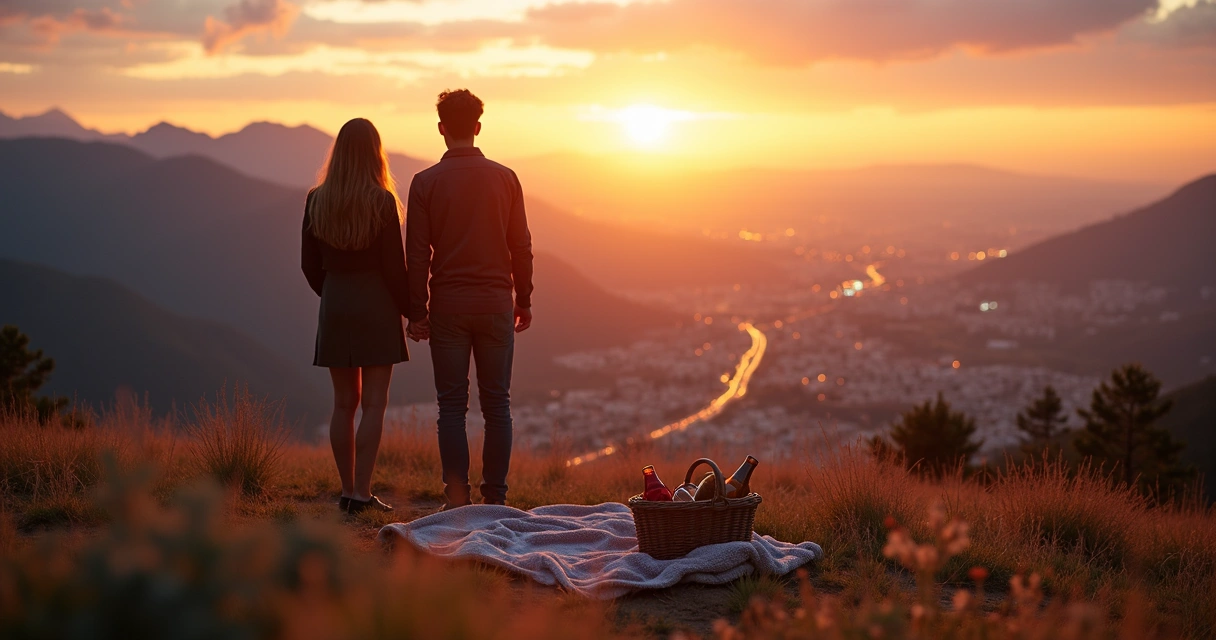 Casal de mãos dadas em cenário de viagem surpresa