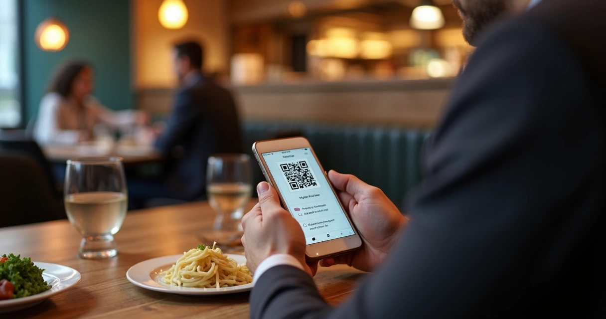 Cliente responde pesquisa rápida em restaurante usando smartphone