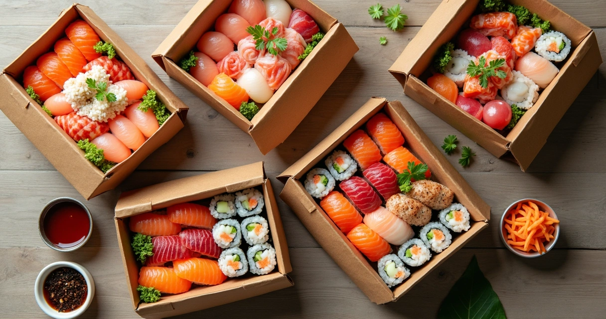 Montagem de diferentes combinados de sushi prontos para entrega