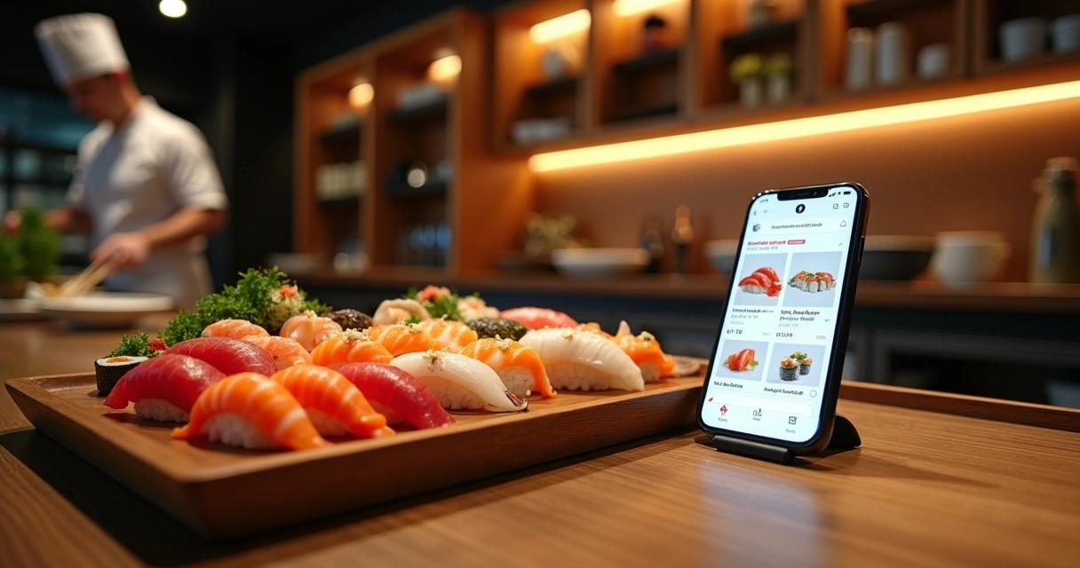 Sushibar com bandeja de sushi ao lado de smartphone mostrando loja virtual de delivery 