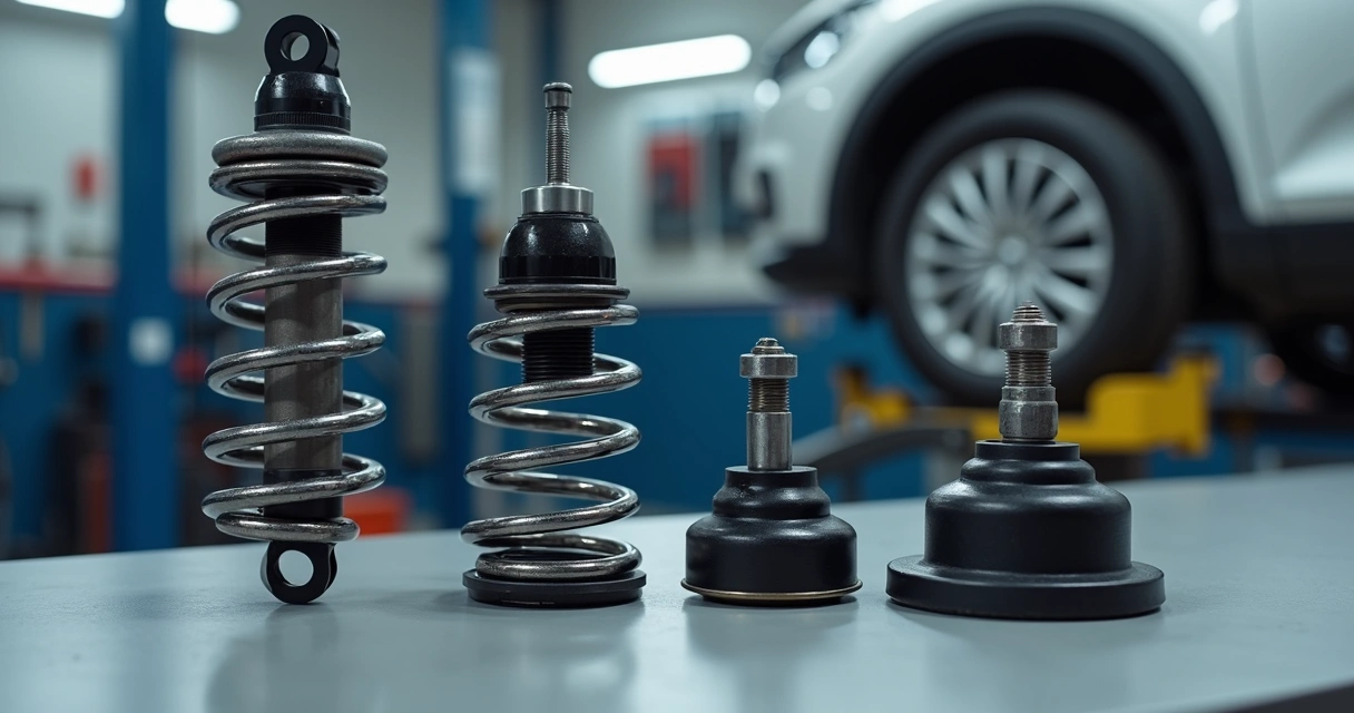 Componentes da suspensão automotiva mostrando amortecedor, mola, pivô e bucha em detalhe 