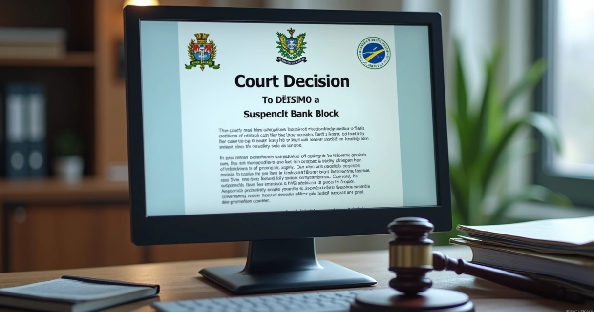 Tela de computador com decisão judicial de suspensão de bloqueio bancário em execução fiscal
