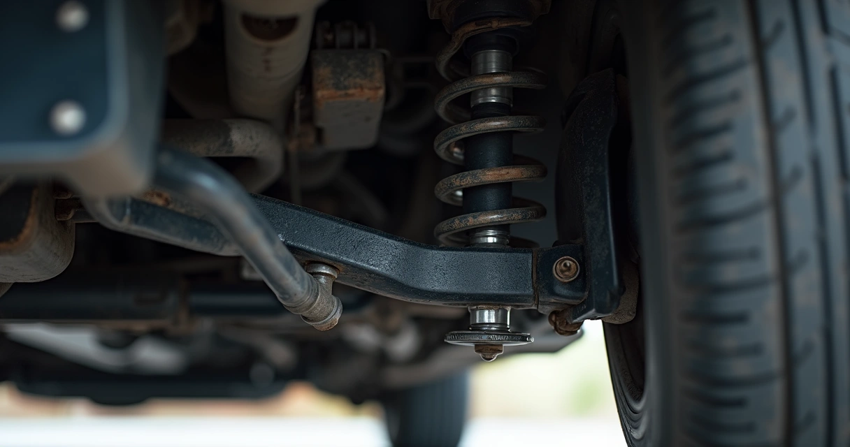 Detalhe da suspensão de um carro mostrando o amortecedor e a mola 