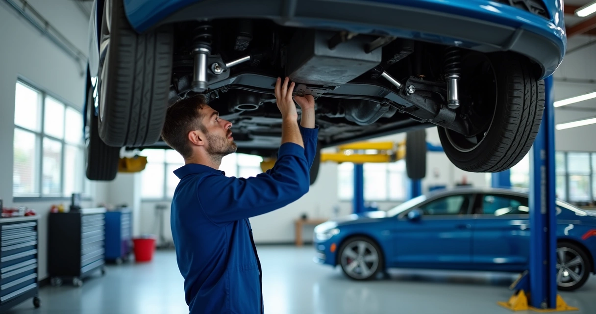 Mecânico inspecionando suspensão de carro em oficina 