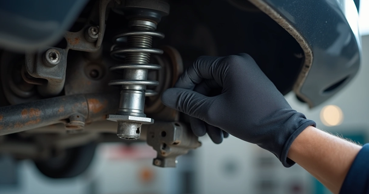 Suspensão de carro com desgaste visível nos parafusos 