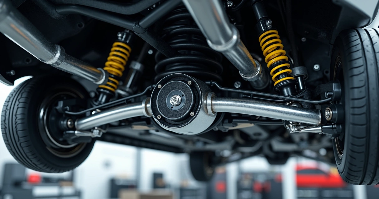 Detalhe do sistema de suspensão multilink em veículo com peças metálicas e molas visíveis 