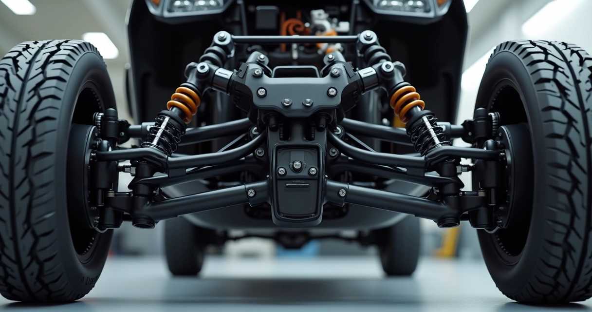 Detalhe de braços e articulações da suspensão multilink instalada em carro 