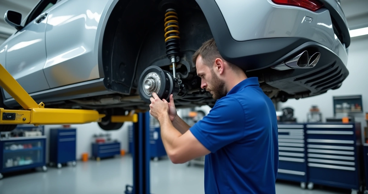 Mecânico analisando suspensão traseira de carro em oficina automotiva. 