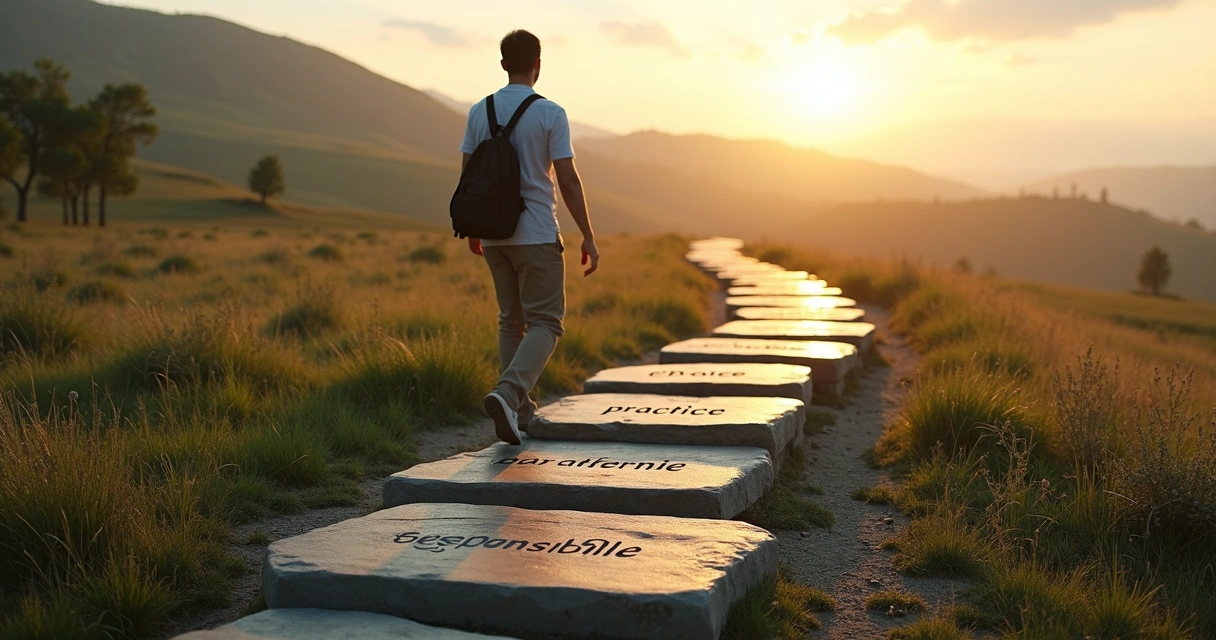 Person walking along a winding path with stepping stones symbolizing conscious behavior change 