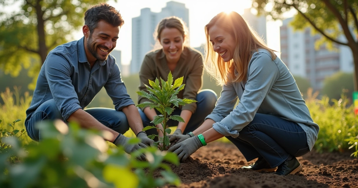 Business team planting trees in urban community garden 