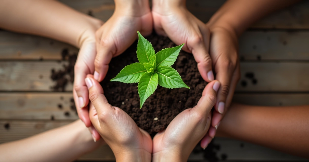 Hands of diverse people holding a small green plant together