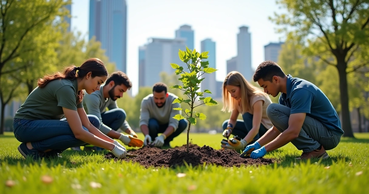 Volunteers planting trees in a city park, signifying community and sustainable impact