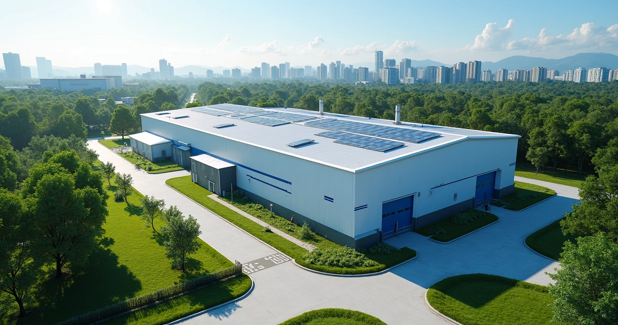 Modern sustainable factory with solar panels and green landscaping in Brazil 