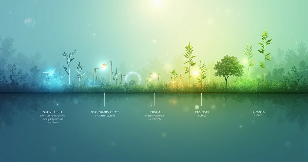 Timeline illustration showing short-term and long-term milestones in a sustainable growth curve.