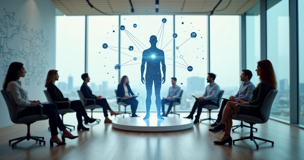 Diverse team in a circle around a glowing human silhouette made of interconnected lines 