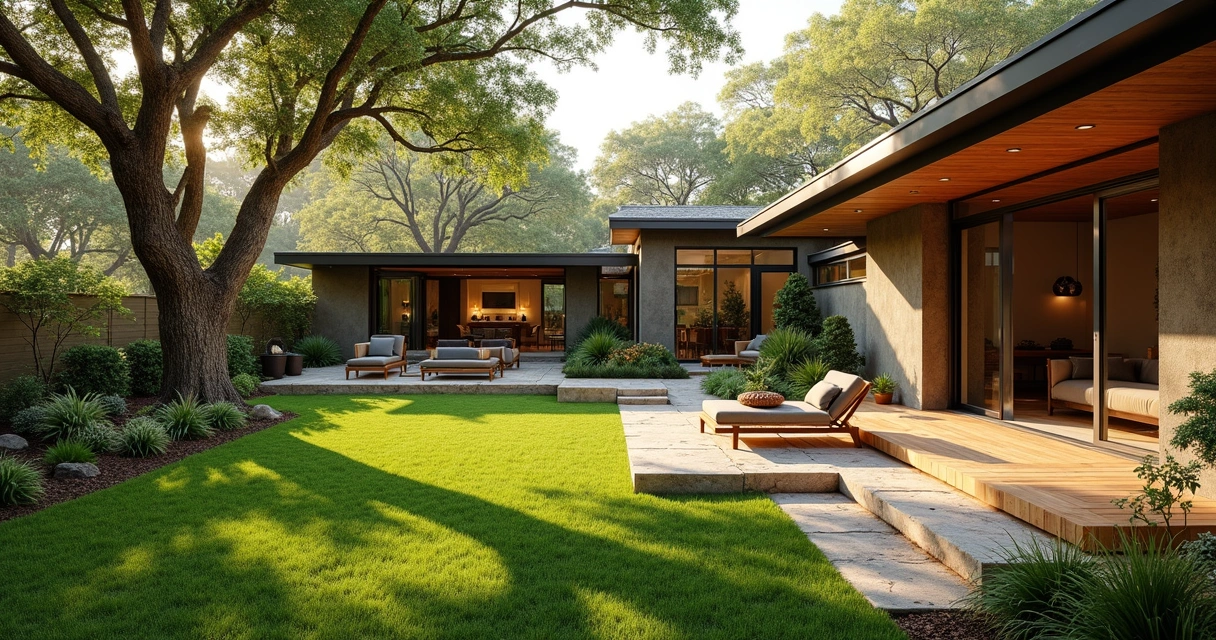 Modern sustainable backyard in Austin with native plants and a deck