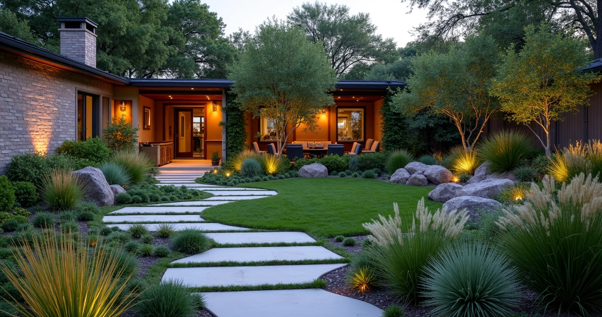 Sustainable backyard with native plants, stone paths, and modern lighting