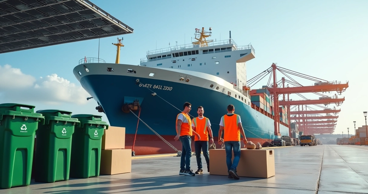 Ship chandler crew with orange vests organizing eco-friendly supplies beside a cargo ship with solar panels on a sunny day