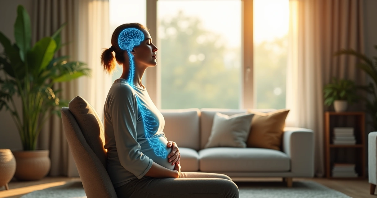 Person practicing mindful breathing with flowing lines connecting brain and heart 