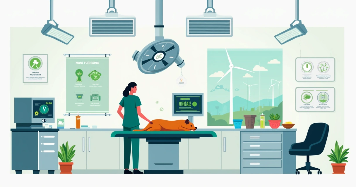 Ilustração de sala de anestesia sustentável com quatro pilares ambientais e profissionais 