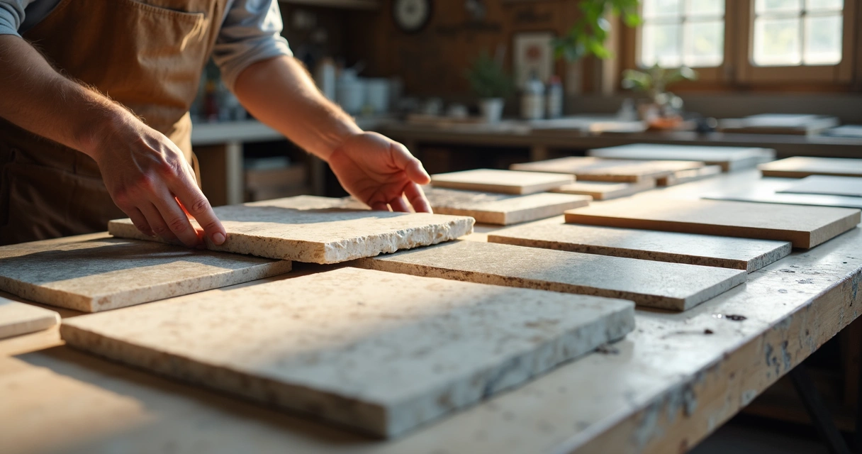 Sobras de pedra reaproveitadas em diferentes superfícies decorativas 