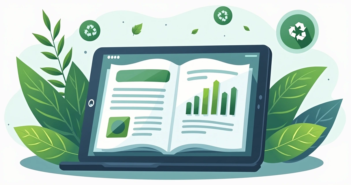 Catálogo digital ao lado de elementos de sustentabilidade, como folhas e reciclagem 