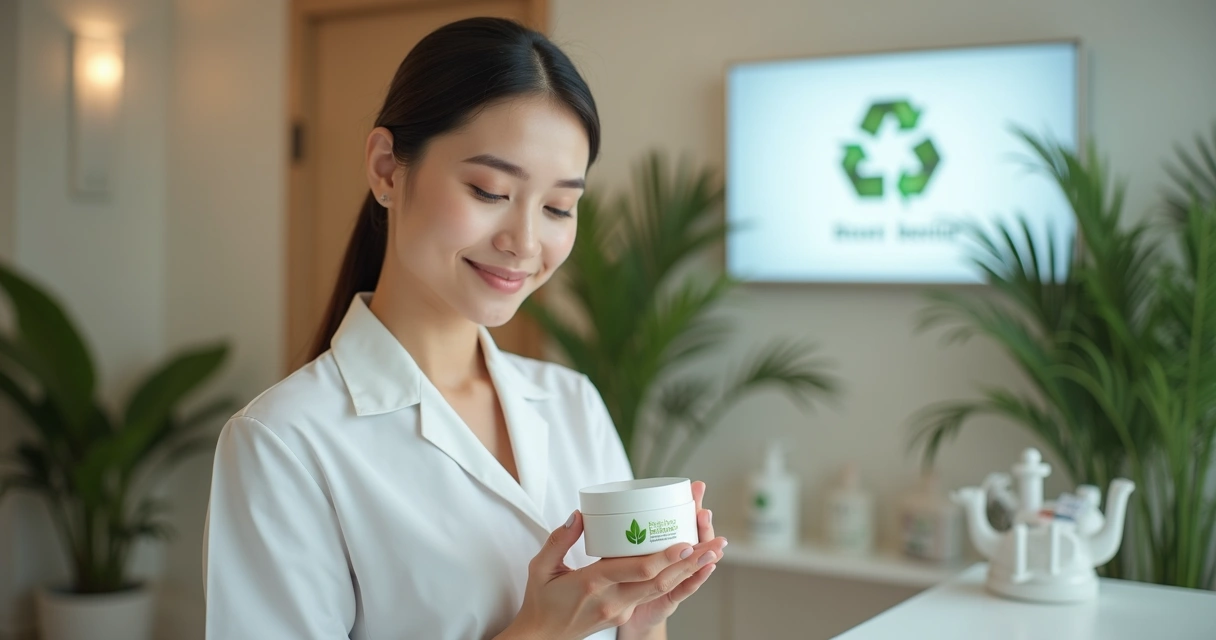 Profissional de clínica segurando produto eco-friendly em ambiente moderno 