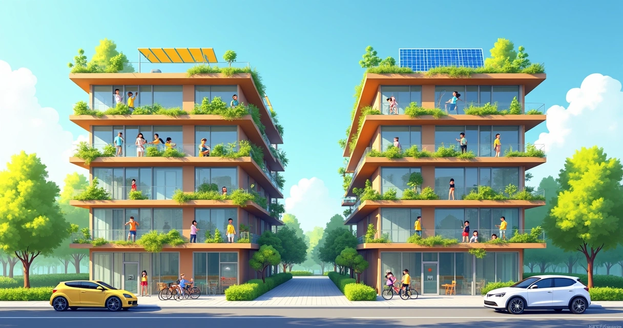 Painéis solares e jardins verticais em condomínio sustentável moderno