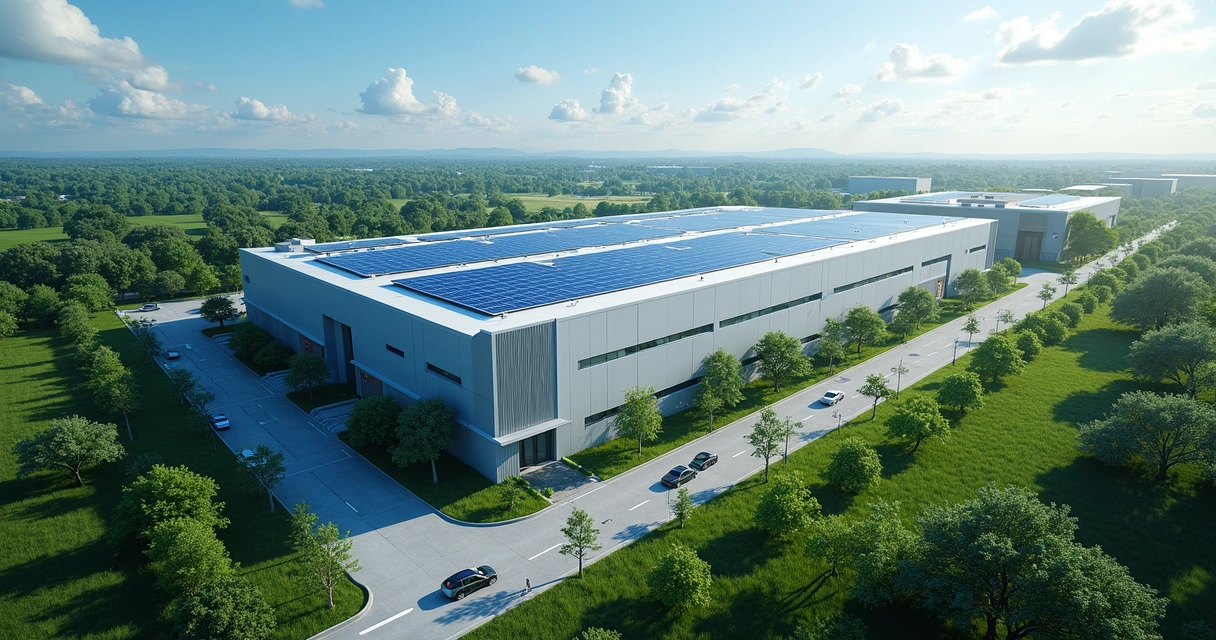 Painéis solares no teto de data center com vegetação ao redor 