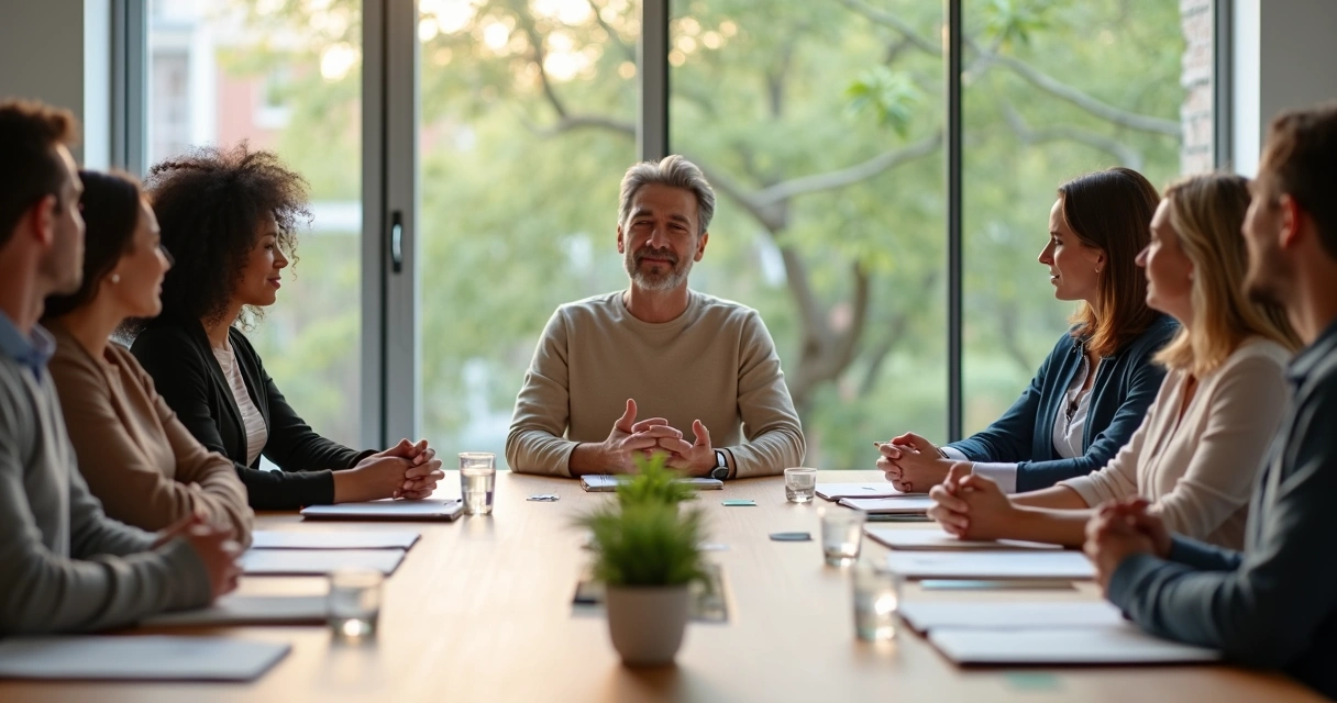 Equipe em reunião calma com líder guiando prática de equilíbrio emocional 