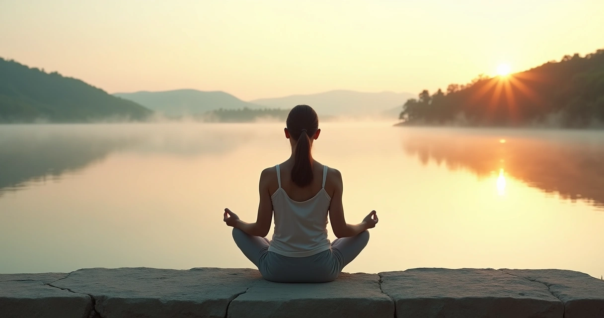 Pessoa meditando em equilíbrio sobre rochas diante de paisagem serena 