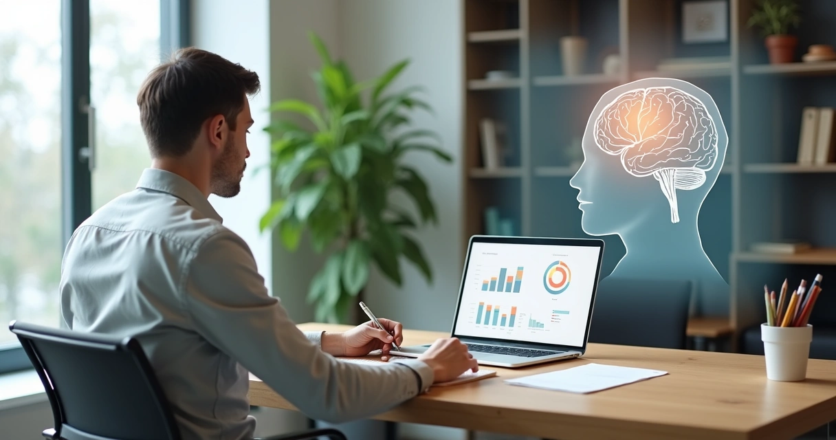 Profissional sentado em mesa de trabalho com gráfico equilibrado entre mente e desempenho 