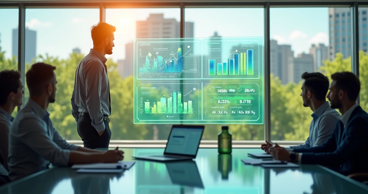 Executivo em sala de reunião olhando painel com gráficos financeiros e indicadores de impacto humano e ambiental 