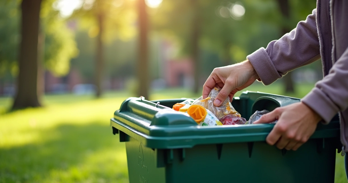 Pessoa colocando embalagem em lixeira de reciclagem 