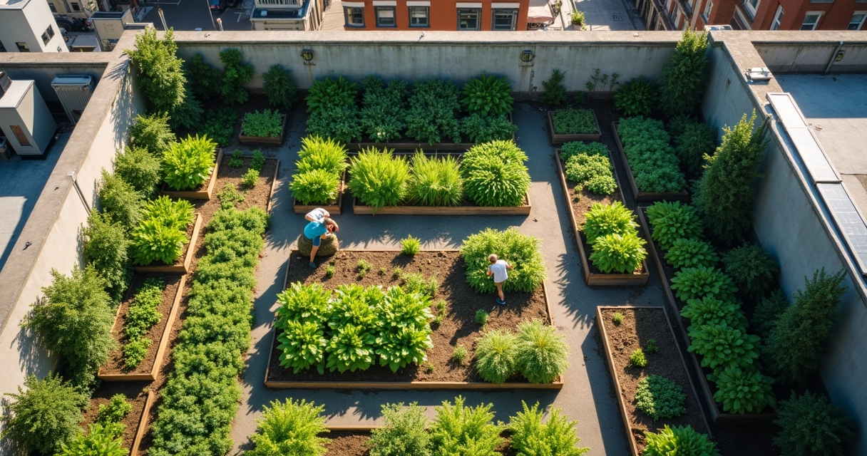 Horta urbana em rooftop com pessoas cuidando das plantas