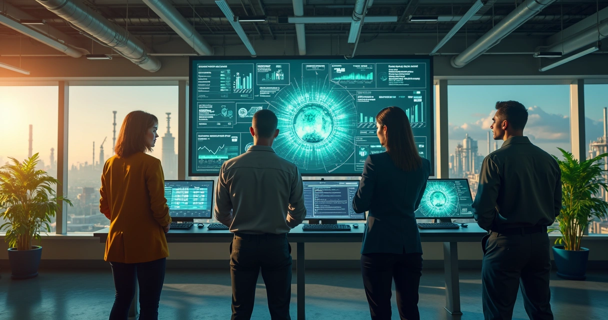Profissionais industriais analisam na tela indicadores digitais de sustentabilidade e operação, mostrando gráficos e relatórios 