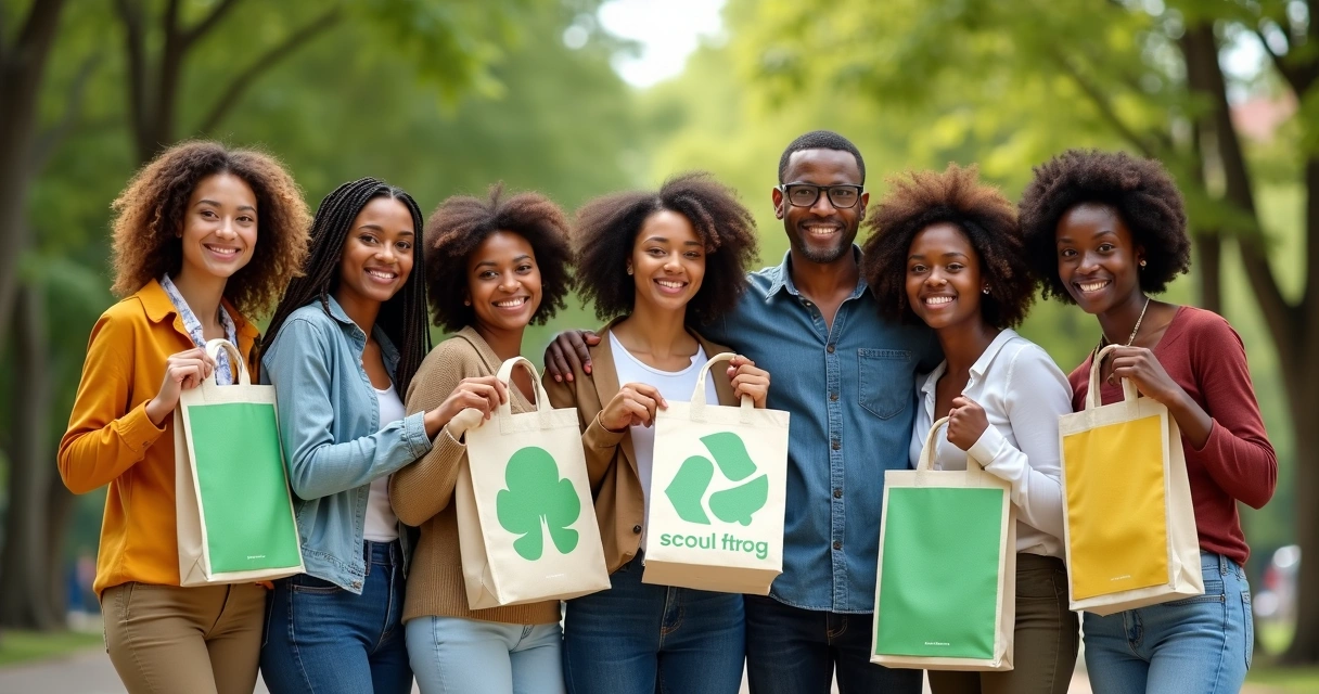 Equipe mostrando eco bags personalizadas com tema sustentável 