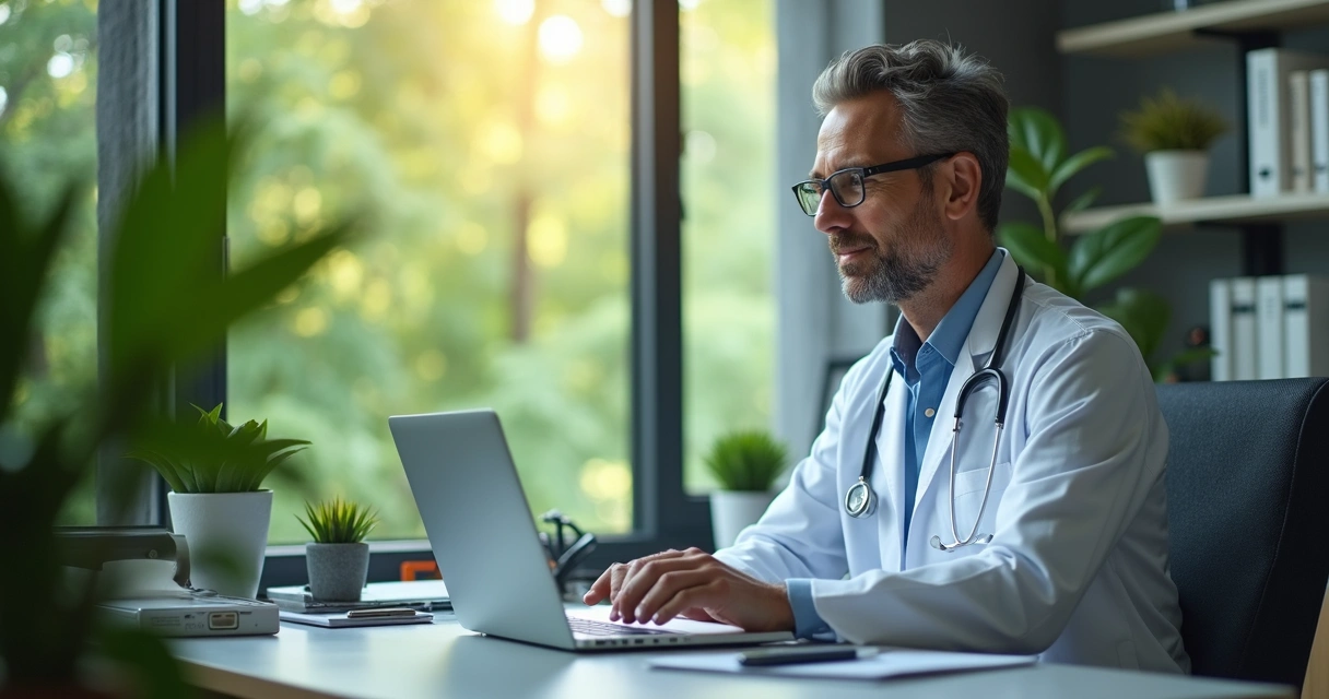 Médico olhando árvores pela janela de consultório digital com laptop 
