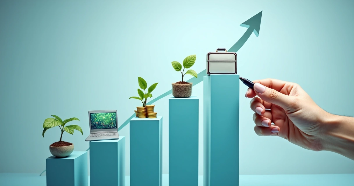 Gráfico subindo com símbolos de sustentabilidade e negócio digital 