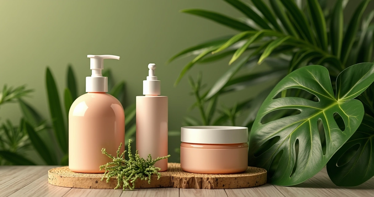 Produtos de beleza ecológicos ao lado de plantas e cabelos brilhantes 