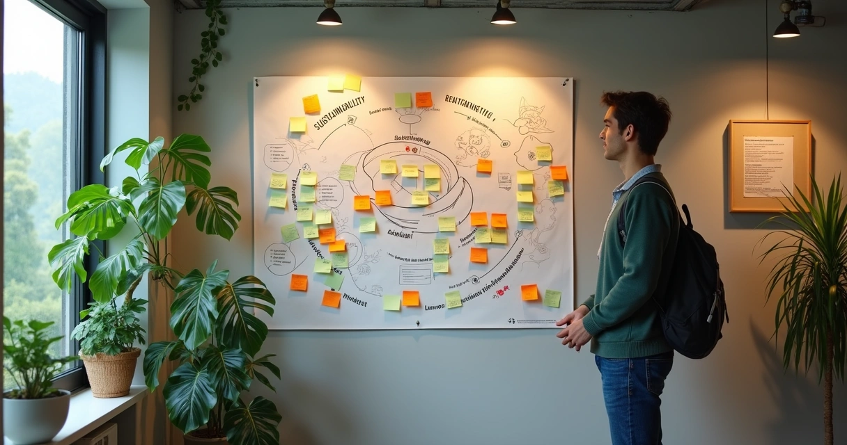 Profissional olhando uma parede com post-its sobre sustentabilidade e valor relacional 