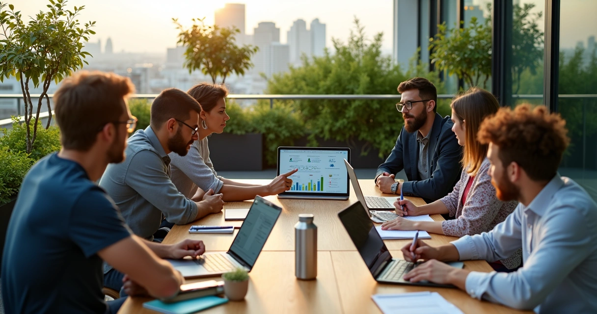 Executivos em reunião ao ar livre integrando sustentabilidade e bem-estar no trabalho 