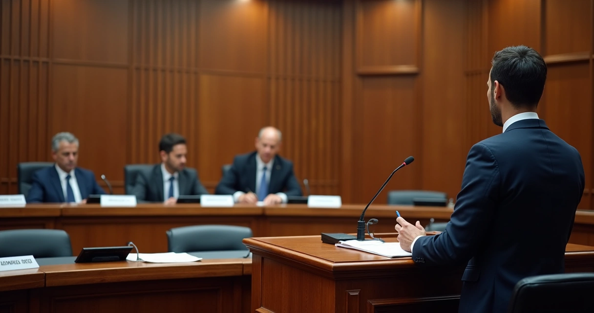 Sessão de julgamento com advogado realizando sustentação oral em tribunal superior