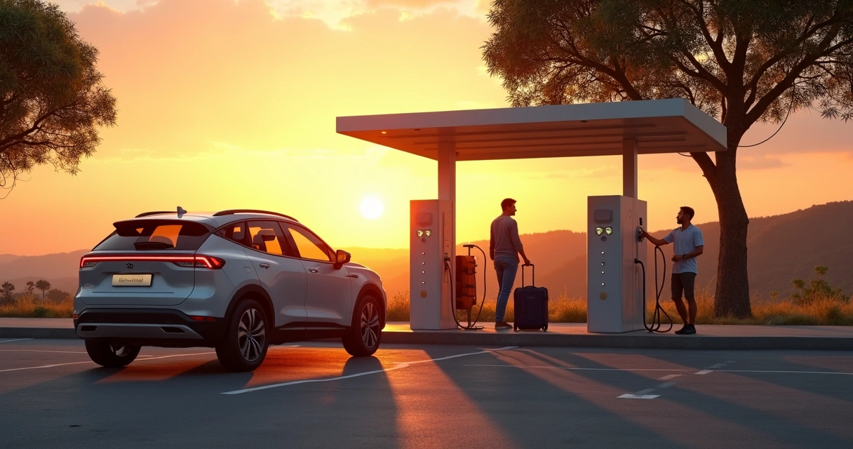 SUV elétrico carregando ao pôr do sol 