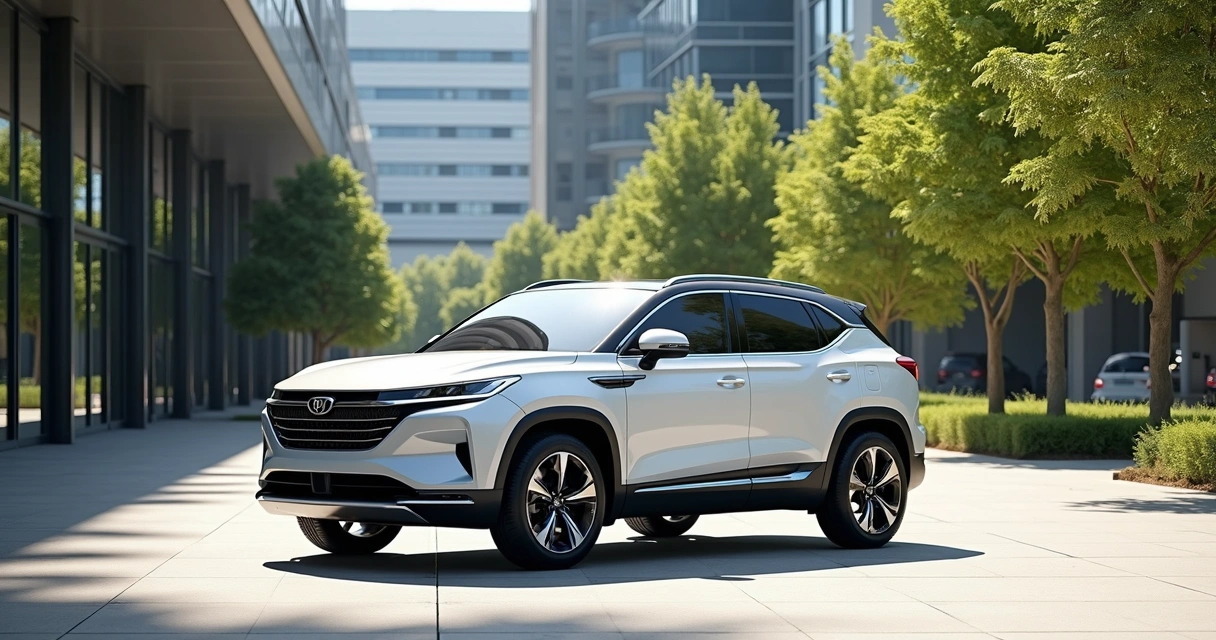 Geely EX5 SUV branco estacionado em praça urbana com prédios modernos ao fundo 