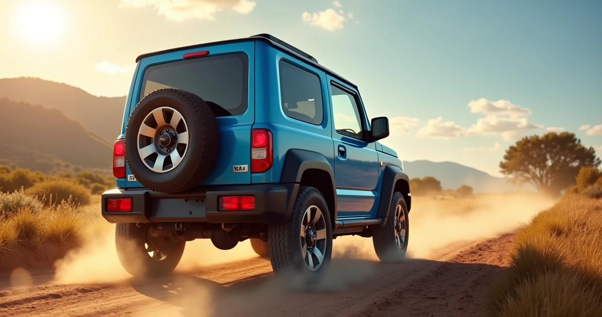 Suzuki Jimny azul com estepe traseiro em estrada de terra